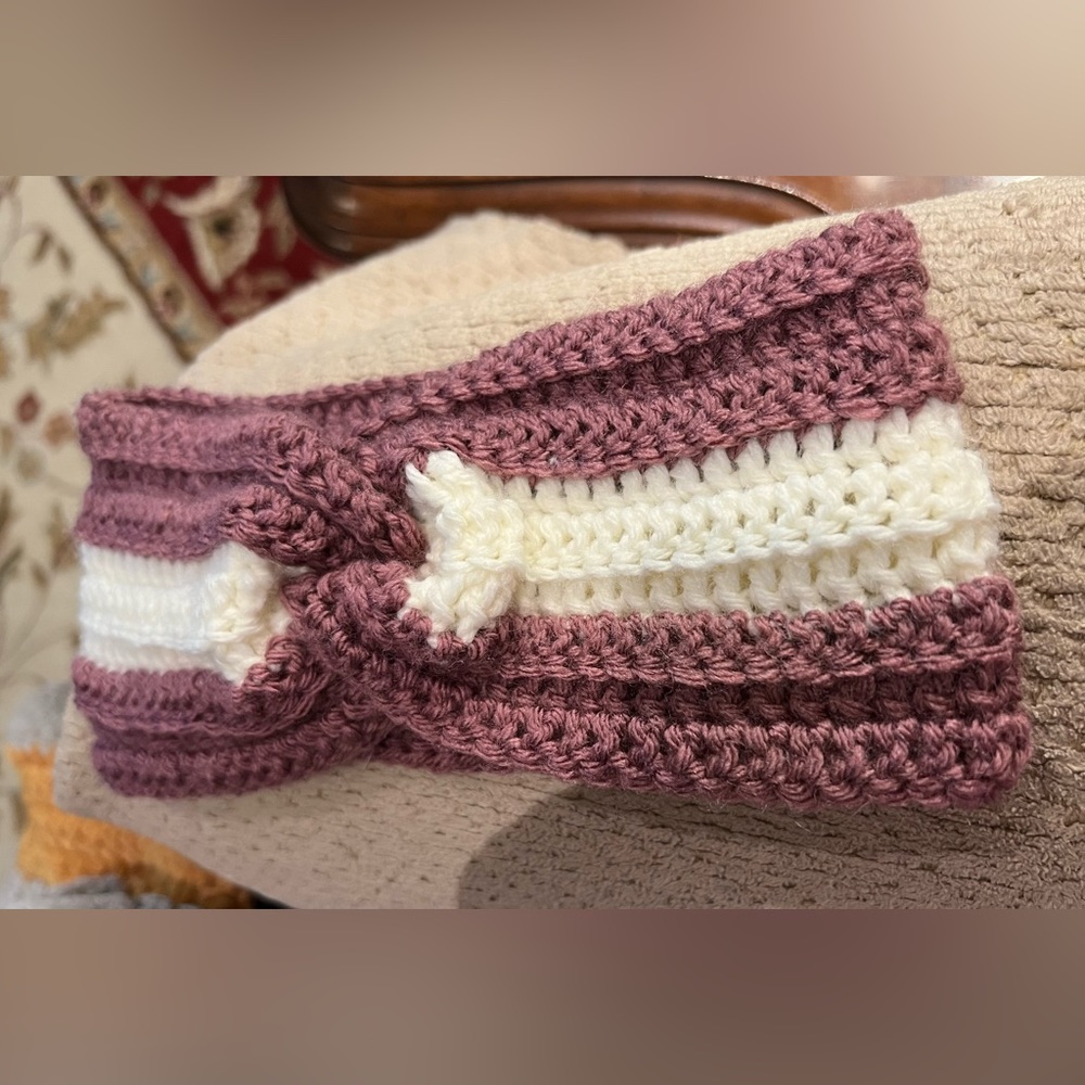 Mauve purple and cream handmade ear warmer